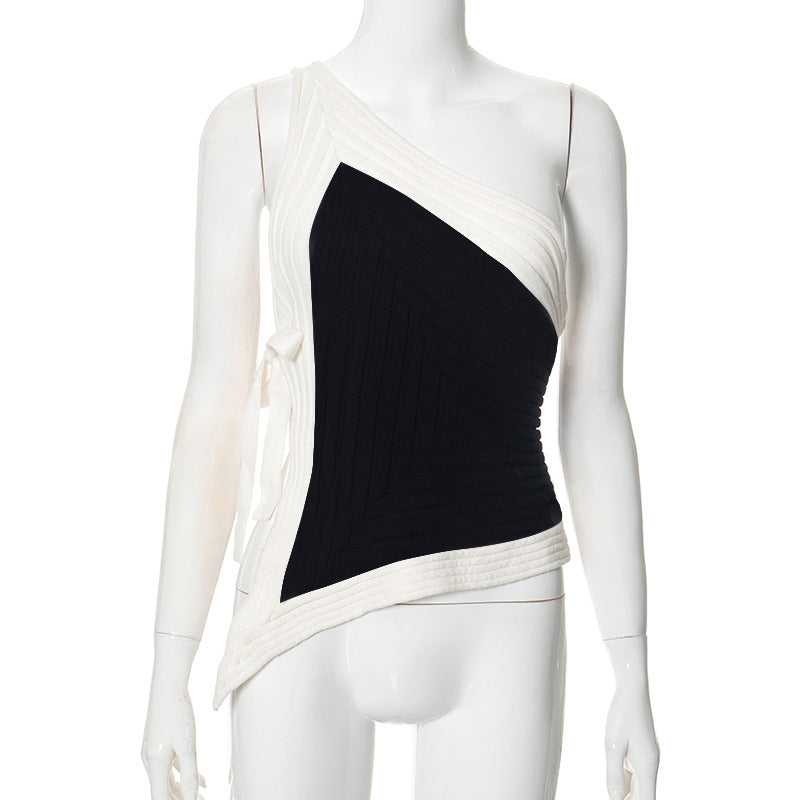 Summer new design with black and white contrasting colors, sexy hanging neck tie and sloping shoulder vest top