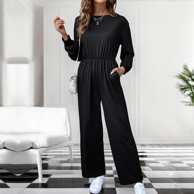 Casual  Solid Color Long Sleeve Pocket Draping Jumpsuit for Women
