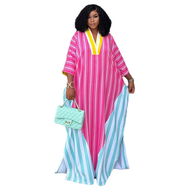 V-neck striped loose long dress