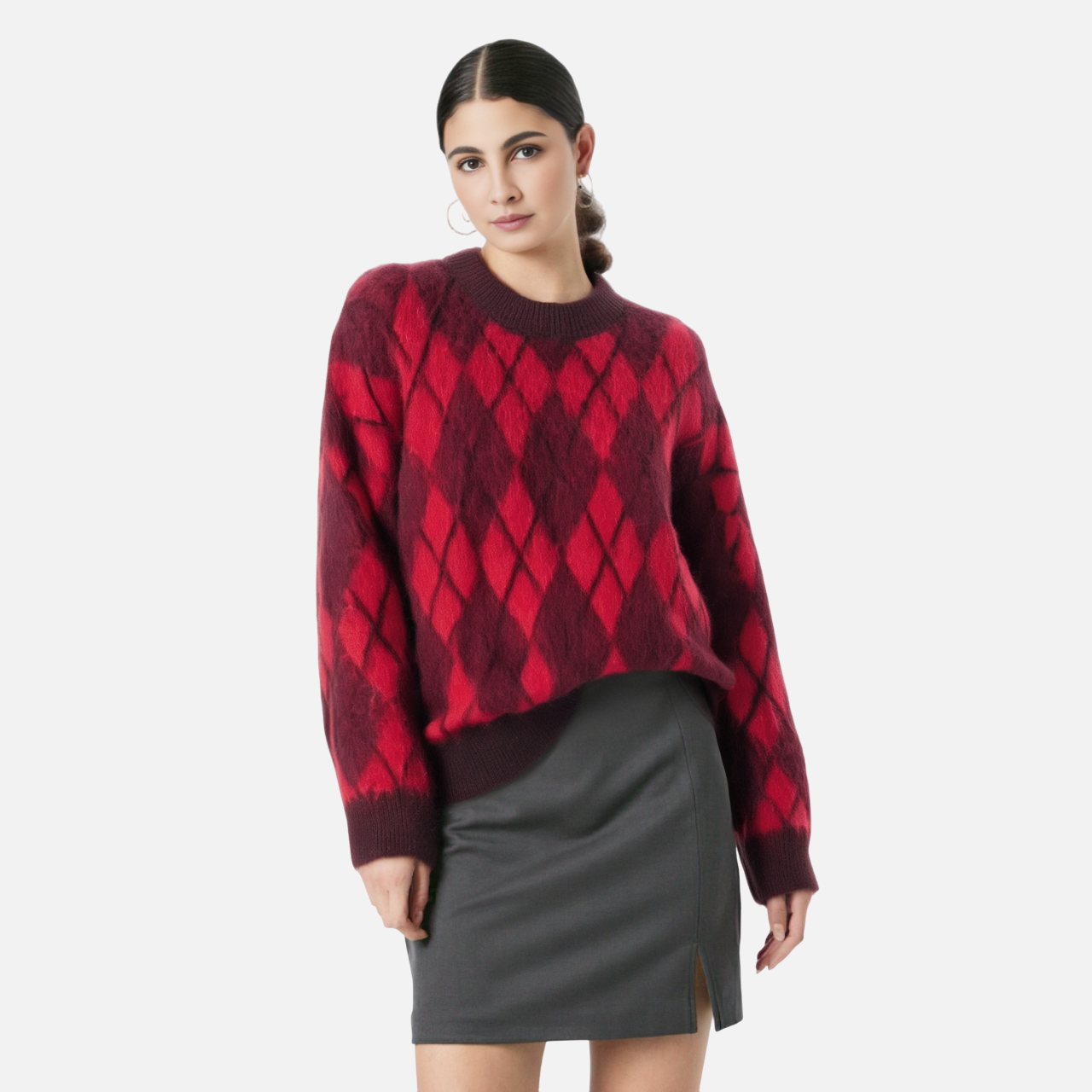 European and American style women's clothing new French fashion simple and versatile diamond pattern knitted sweater