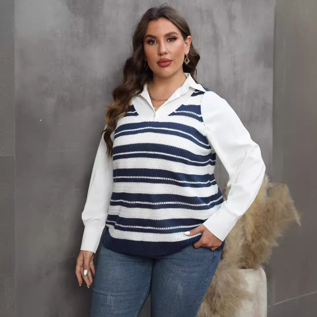 Large size women's striped contrasting splicing casual vest top with woolen vest