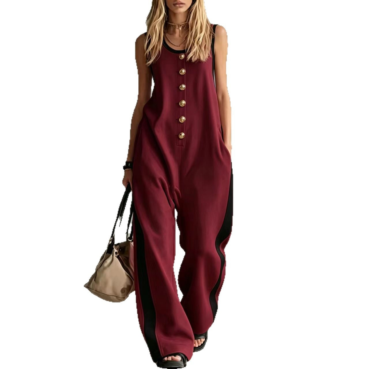 Creative Button Round Neck Color-Blocked Sleeveless Casual Jumpsuit