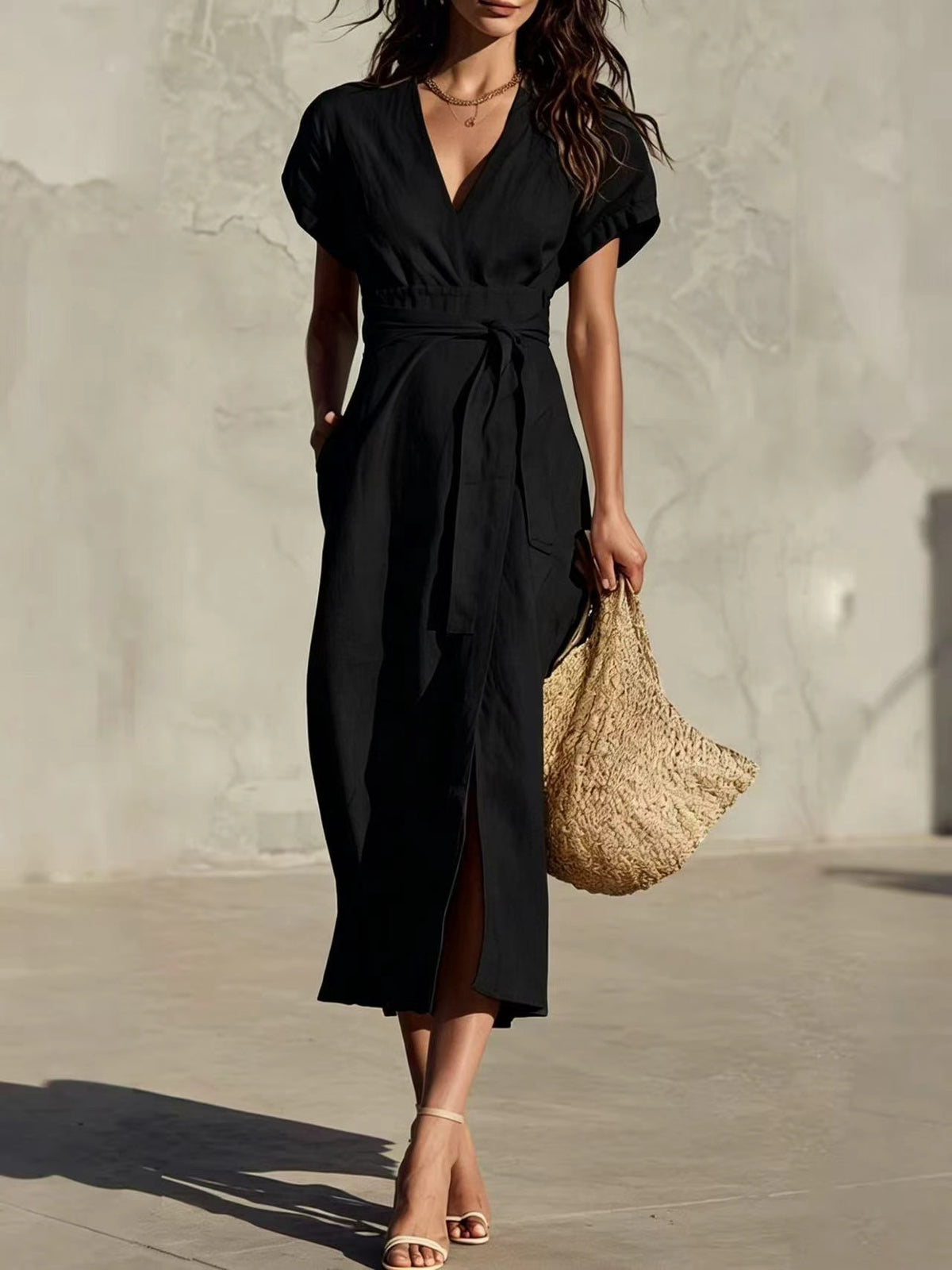 Casual Minimalist Solid Color Tie-Neck Pocket Midi Dress with V-Neckline