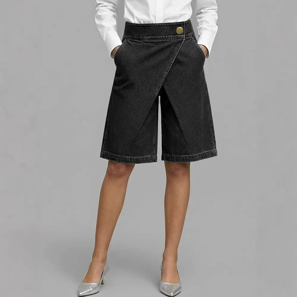 Asymmetric Denim-Style Five-Pocket Women's Shorts  Fashion Casual Style