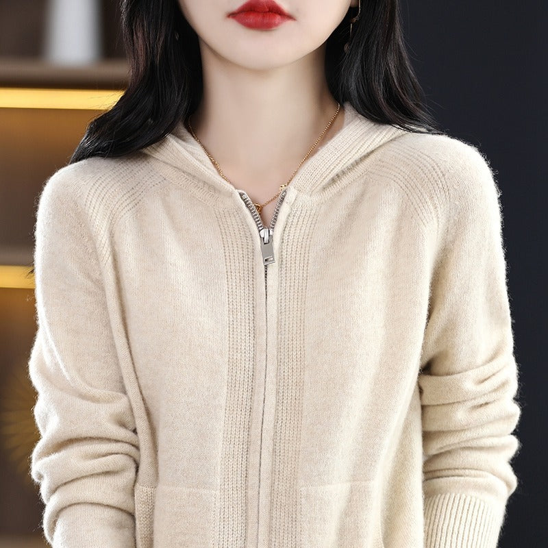Hooded Zipper Knit Cardigan Women Long Sleeve Versatile Loose Sweater Coat Fashion Top