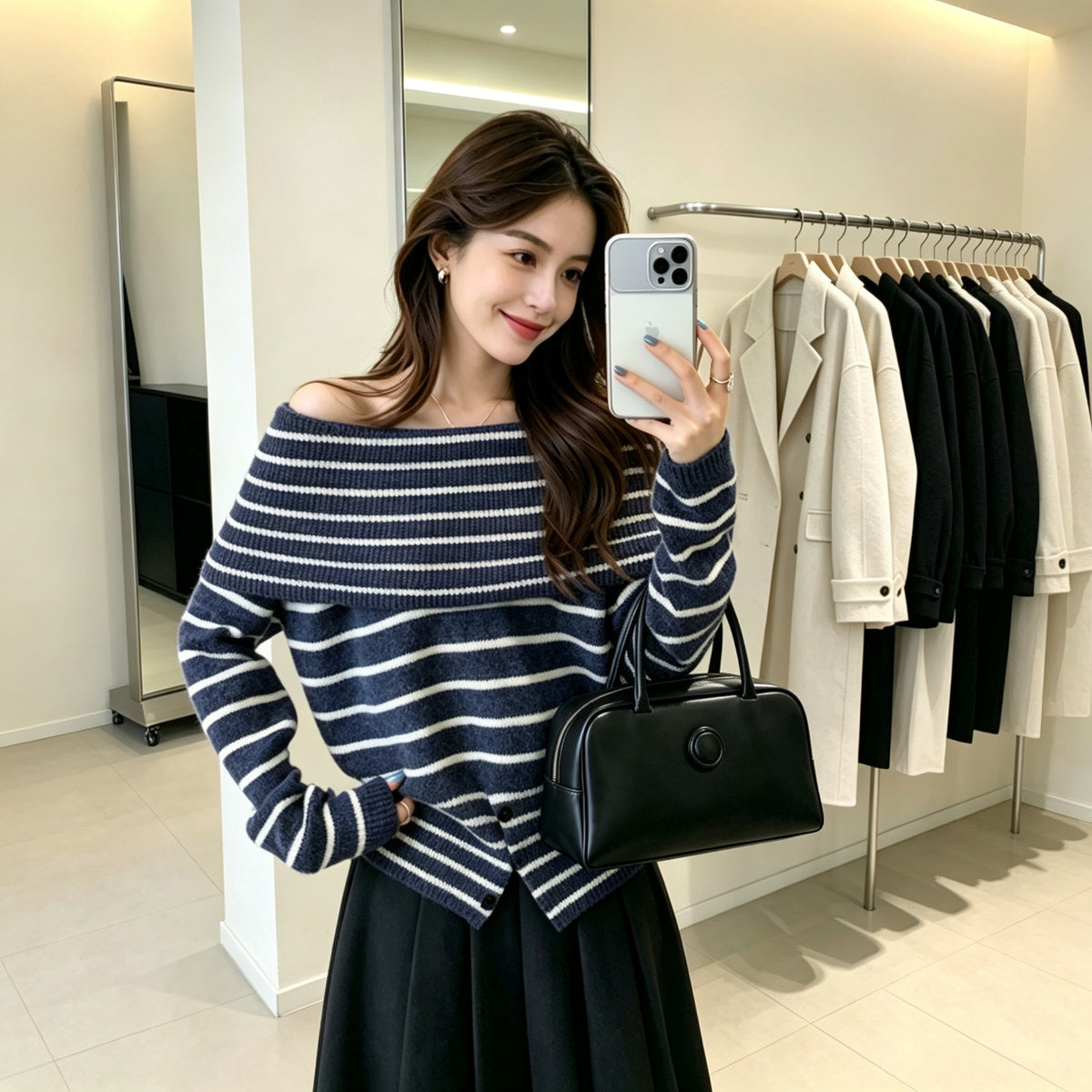 Single neck off shoulder striped sweater for women
