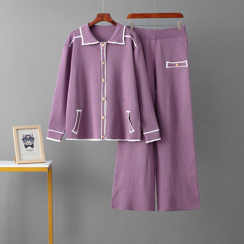 Polo collar sweater wide leg pants two-piece set