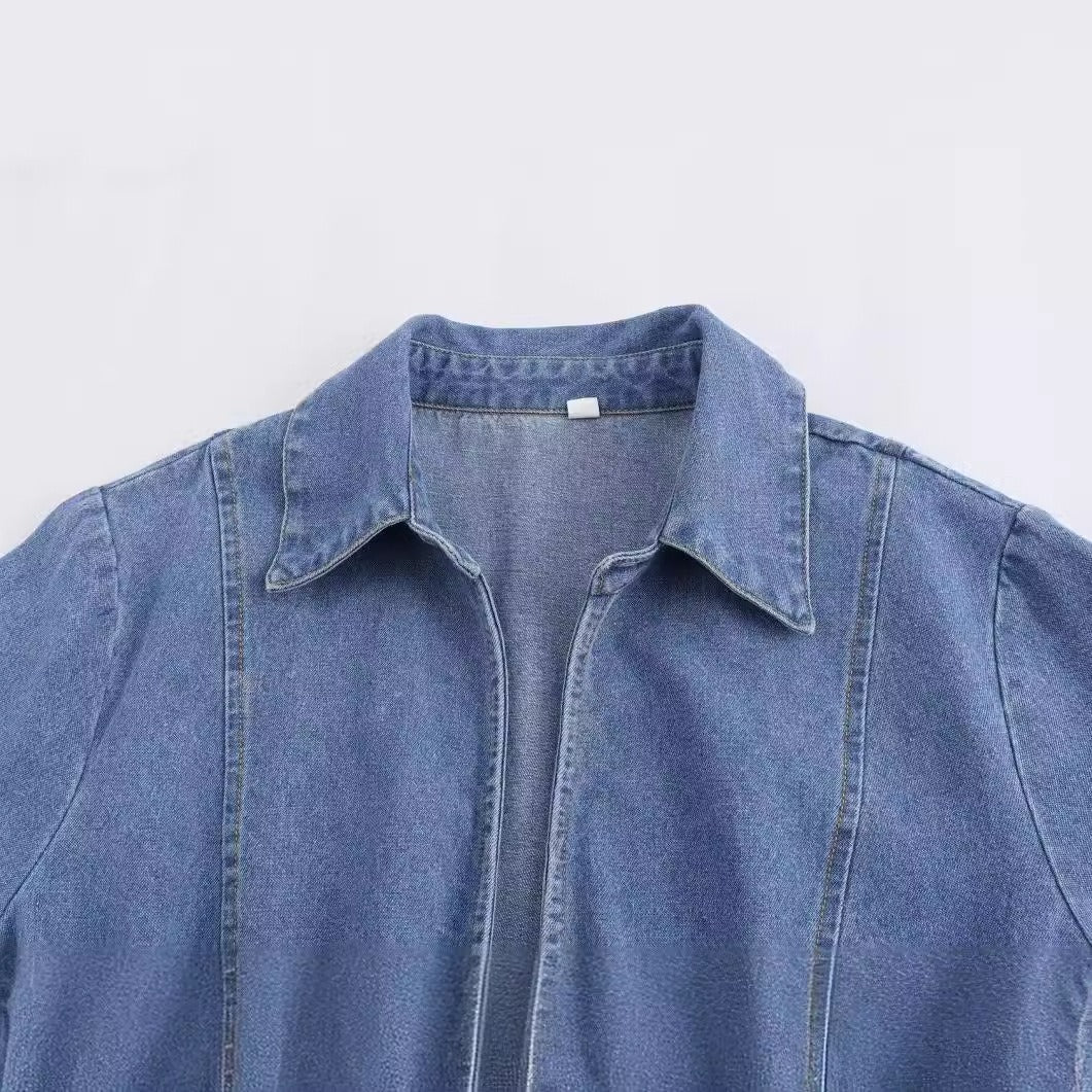 European and American summer new style fashionable lapel long sleeved lace up vintage denim shirt for women