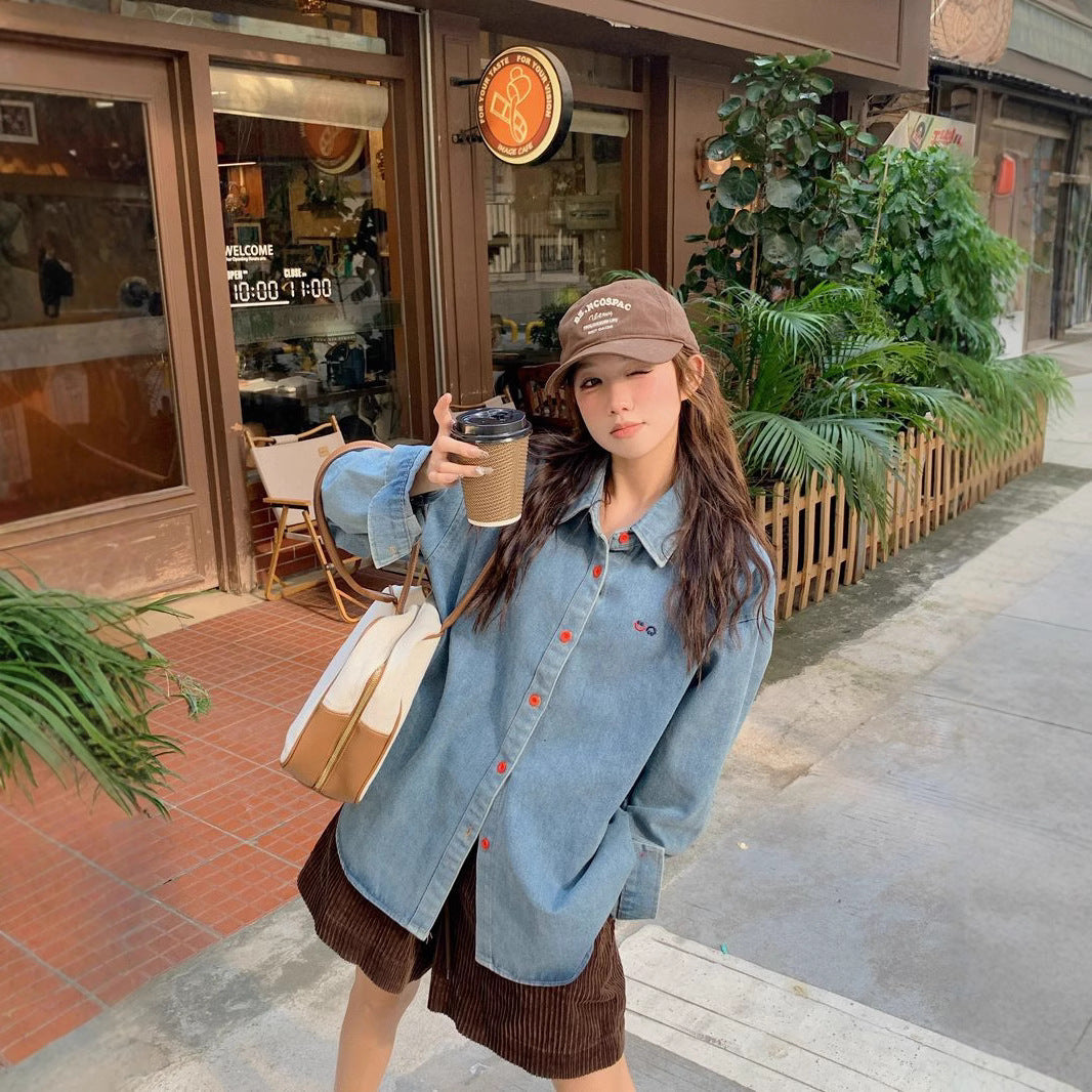 Style Blue Denim Shirt Women's  Loose  Versatile Casual Polo Collar Long Sleeve Jacket