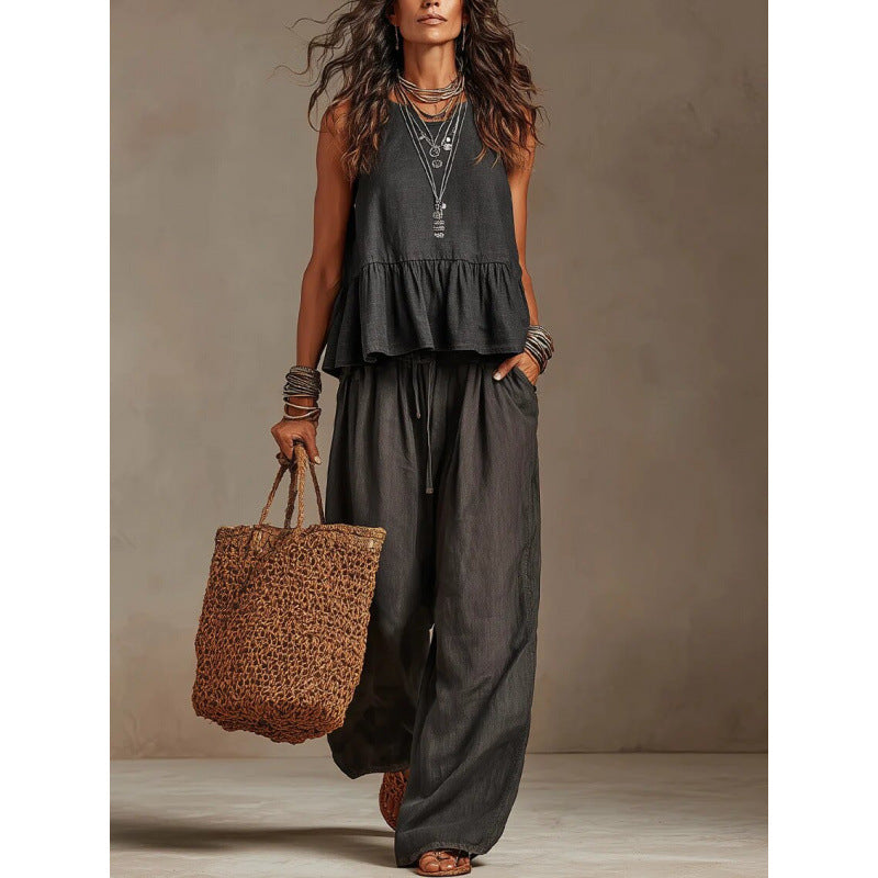 Simple Casual Cotton Linen Ruffle Sleeveless Wide Leg Set Women's Two-Piece Outfit