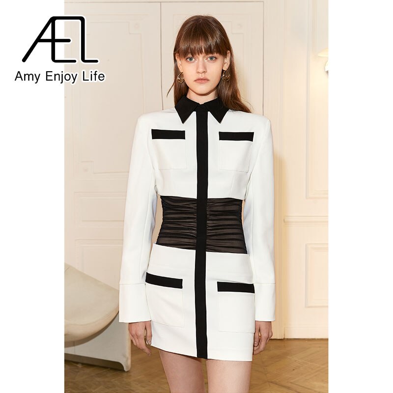 Black And White Collision Color Slim Modern Retro Sexy Black Mesh Waist Dress