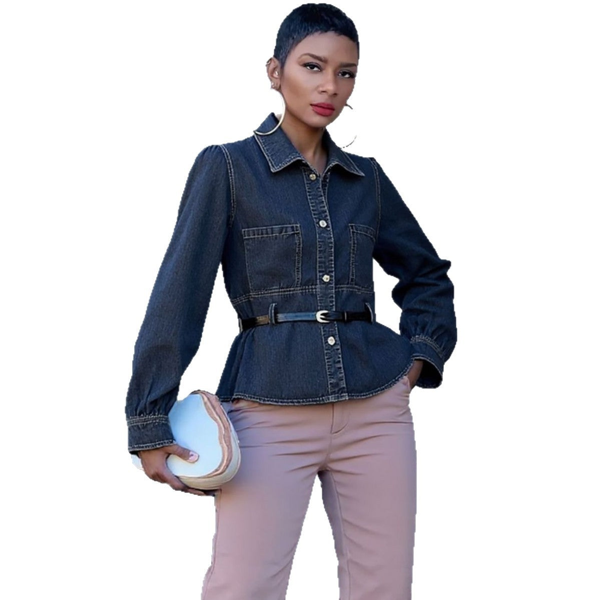 Slim Fit Denim Shirt with Belt and Double PocketsCasual Style Button Closure Men's Clothing