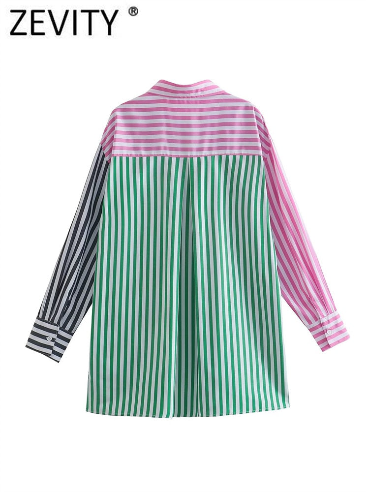 Zevity Women Fashion Color Matching Striped Print Smock Blouse Office Lady Breasted Shirt Business Chemise Blusas Tops