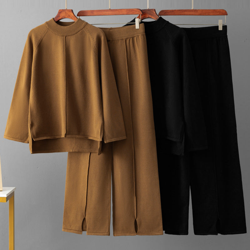 Solid color round neck sweater wide leg pants set