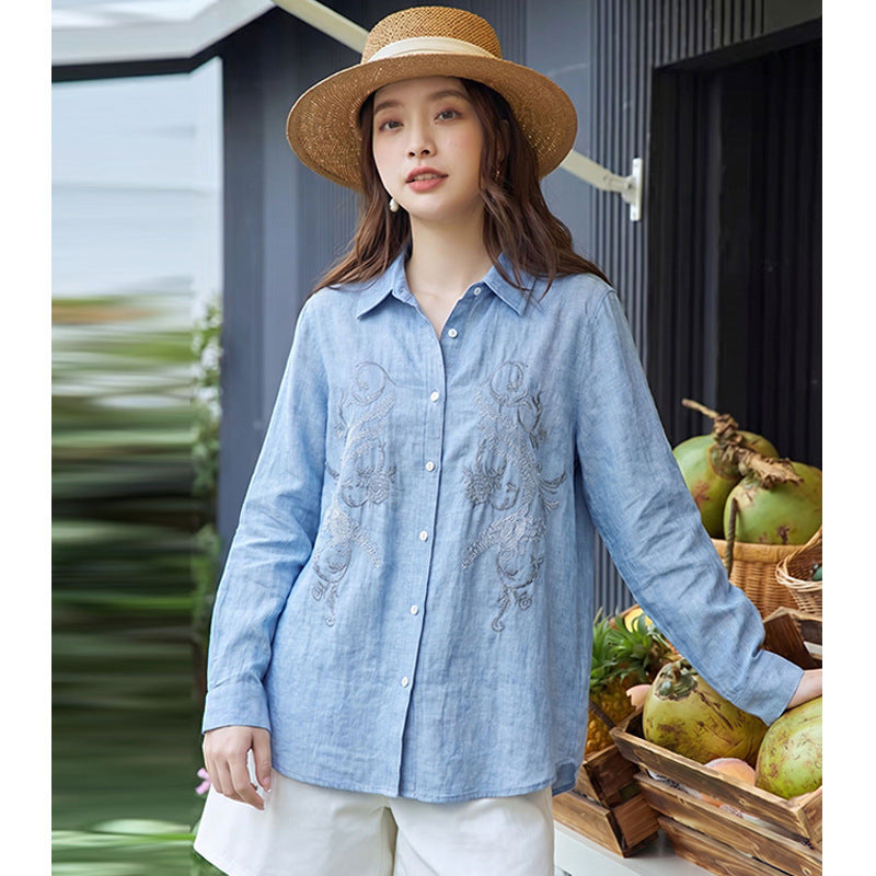 Elegant Refined Style Embroidered Lyocell Blouse for Women Long Sleeve Unique Design Open Front Shirt