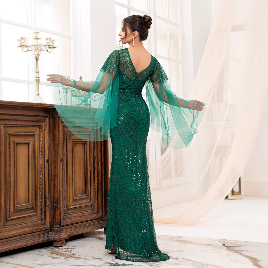 Backless Green Long Sleeve Boat Neck Evening Gown with Sequins Fish Tail Design, Formal Dress for Women