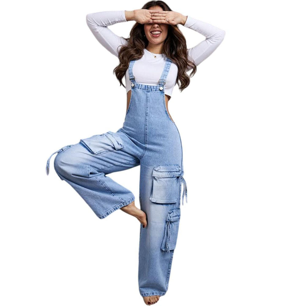 Casual Straight-Leg Denim Overalls for Women Street Style Multi-Pocket Denim Jumpsuit