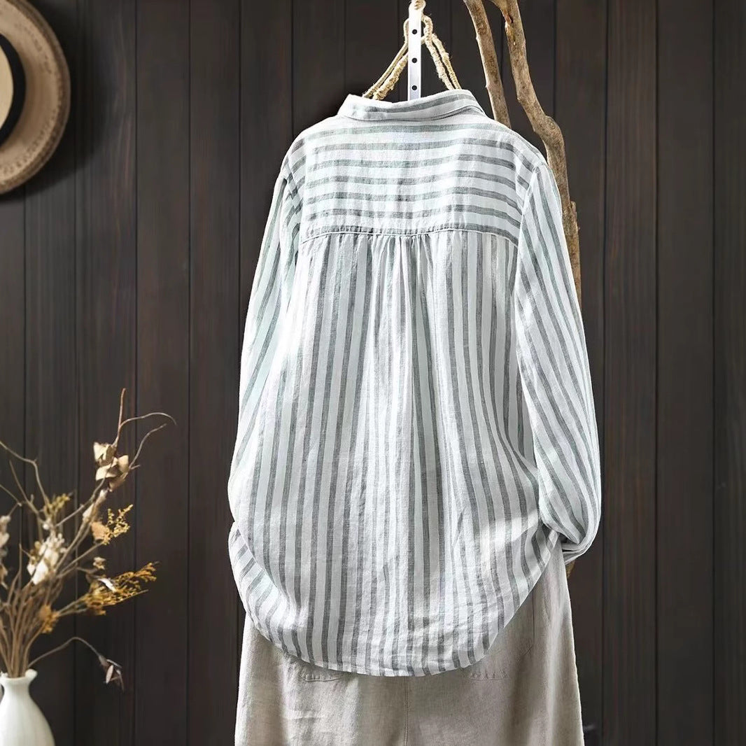 Plain Linen Striped Women's Long Sleeve Blouse Casual Collar Shirt