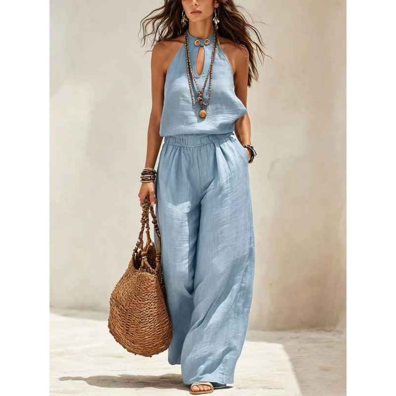 Style Solid Color Sleeveless Halter Neck Wide Leg Jumpsuit for Women