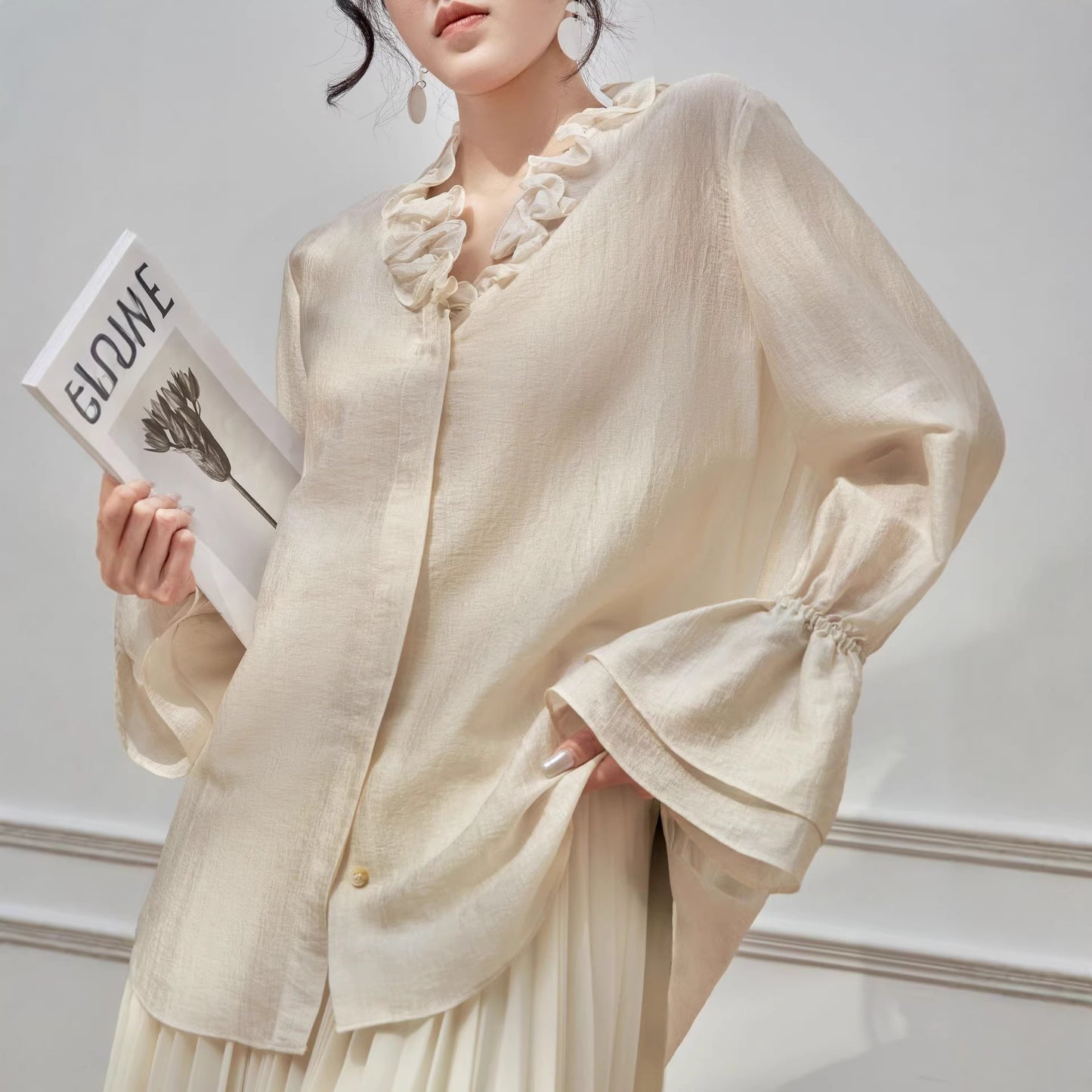 Shimmering Acetate Satin Ruffled Sweetheart Neckline Lightweight Sheer Blouse