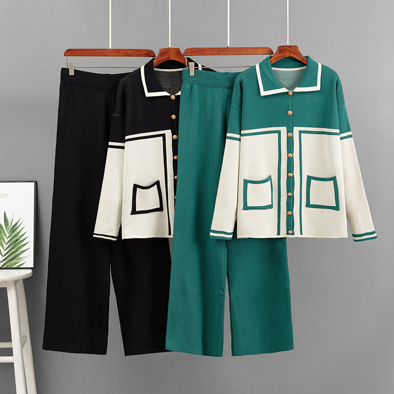 Flip collar loose cardigan two-piece set