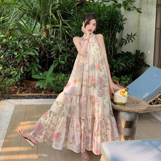 A Line Dress For Women Stand Collar Sleeveless Loose Waist Spliced Ruched Summer Print Long Dresses