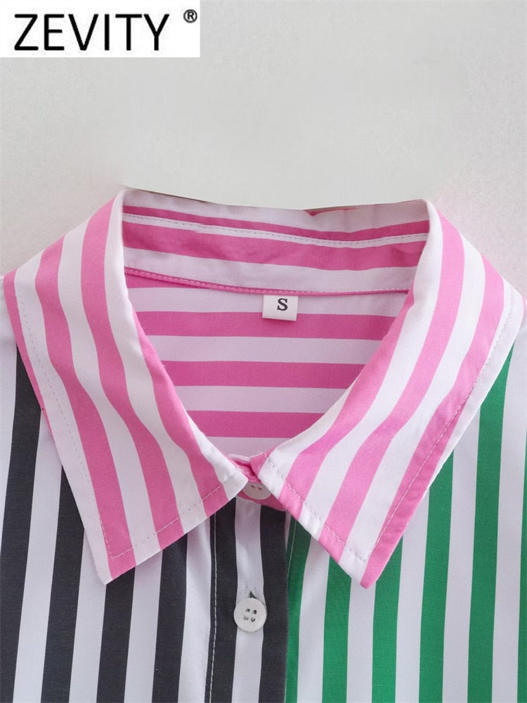 Zevity Women Fashion Color Matching Striped Print Smock Blouse Office Lady Breasted Shirt Business Chemise Blusas Tops