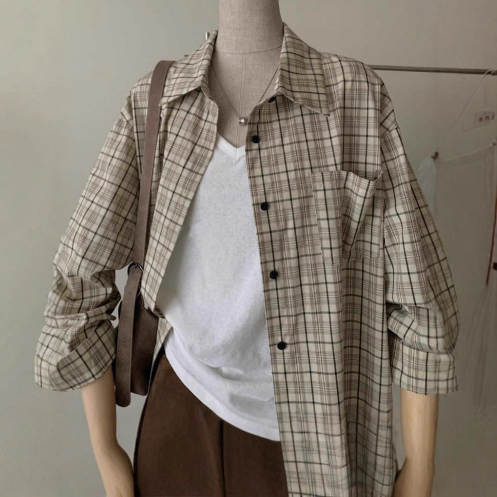 Checkered Shirt Women  Style Lazy Long Sleeve Polo Collar Blouse Unique Versatile Loose Open Front Top