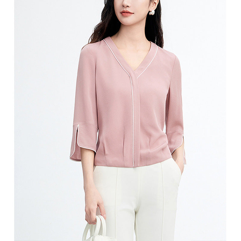 Elegant and Refined Formal Shirt with Color-Blocking Design, Long Sleeve Blouse