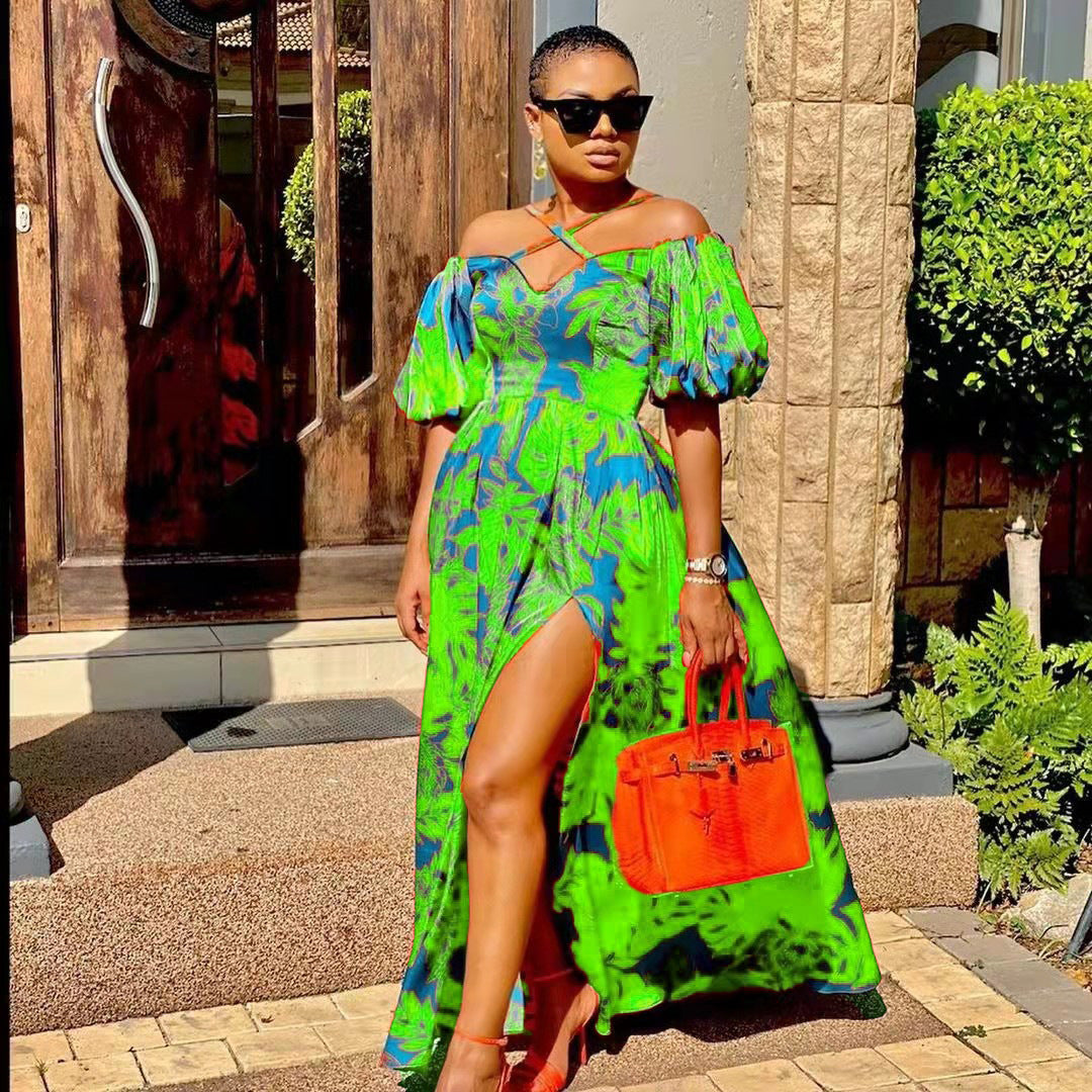 Printed V-Neck Backless Split Maxi Dress for Women
