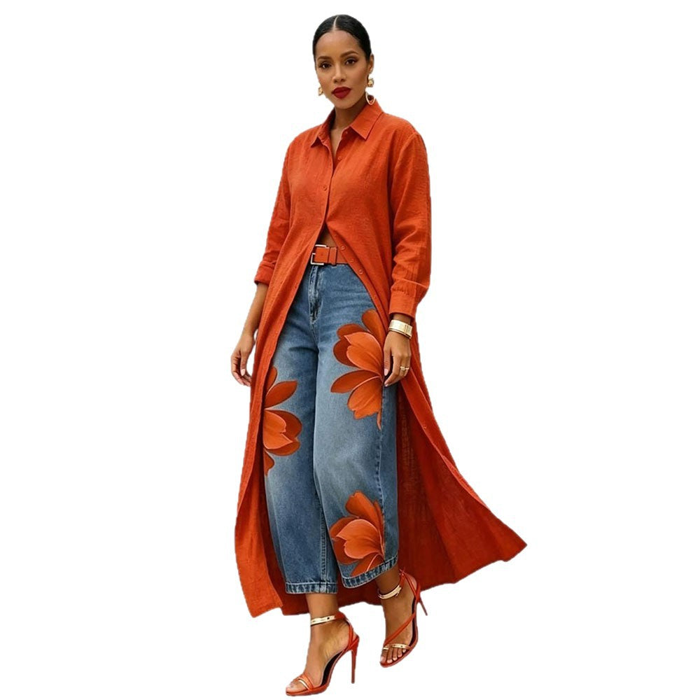 Women's Floral Denim Pants Street Style Printed Design Cropped Jeans