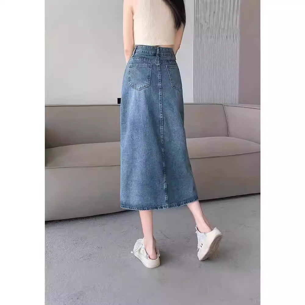 High-Waisted Front Slit Denim Skirt  Versatile Denim A-Line Skirt Women's Slimming Midi Skirt