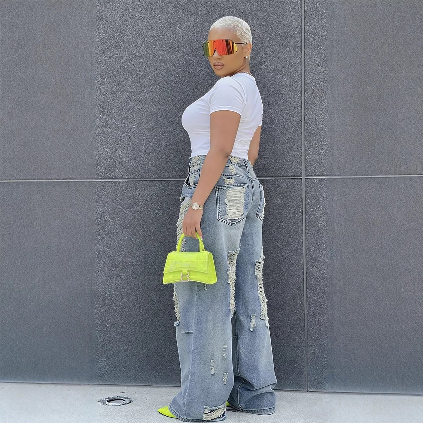 Street Rip ampTear Washed Straight Leg Jeans
