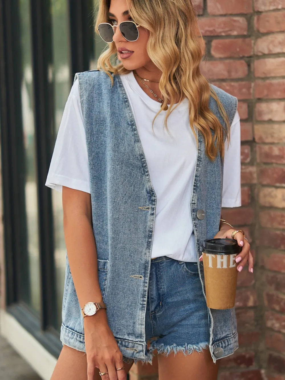 V-Neck Button Up Denim Vest