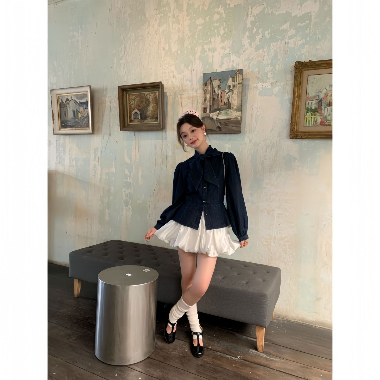 Bow tie denim shirt for women