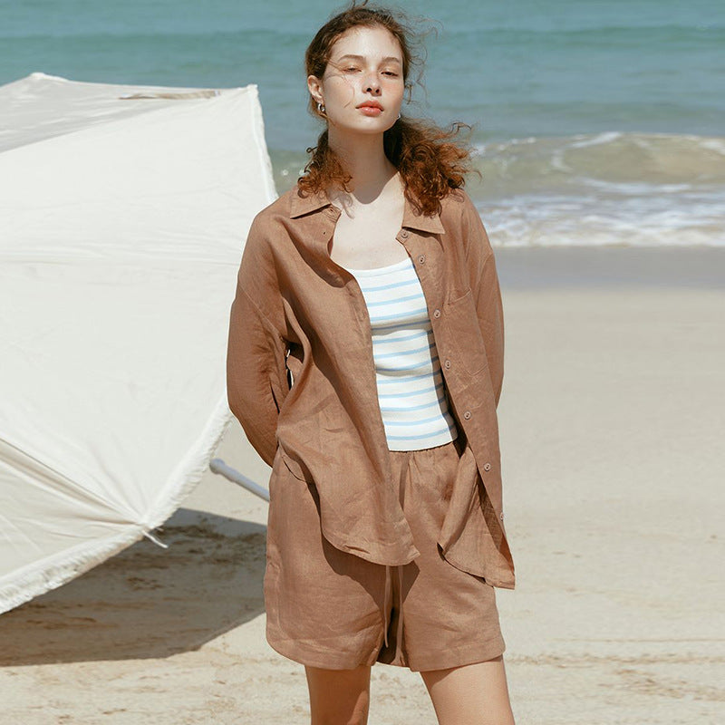 Elegant Tencel Linen Shirt Women  Style Casual Sunscreen Cardigan Top Collar Single Breasted Long Sleeve Blouse