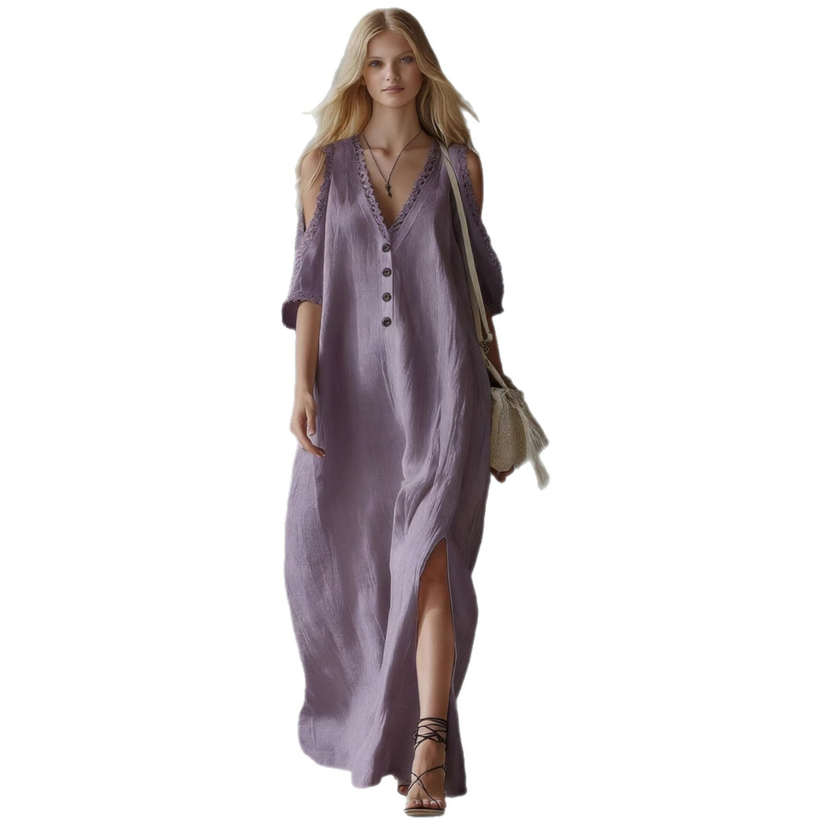 Style Lace Trim Loose Off-Shoulder Casual Women's Dress Long Dress