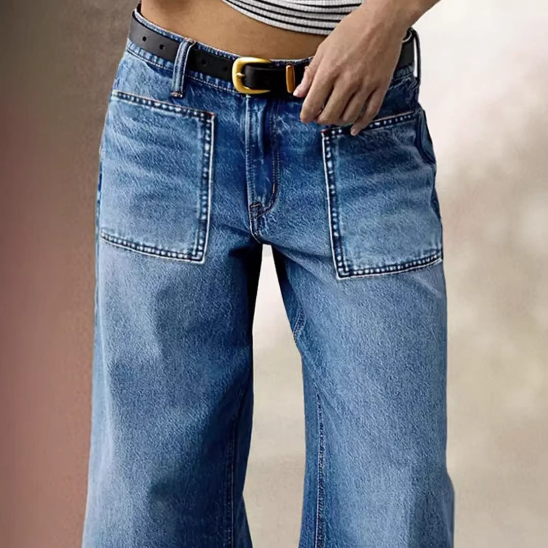 Women's Denim Pants Unique Design Casual Loose Slimming Wide Leg Straight Leg Long Pants