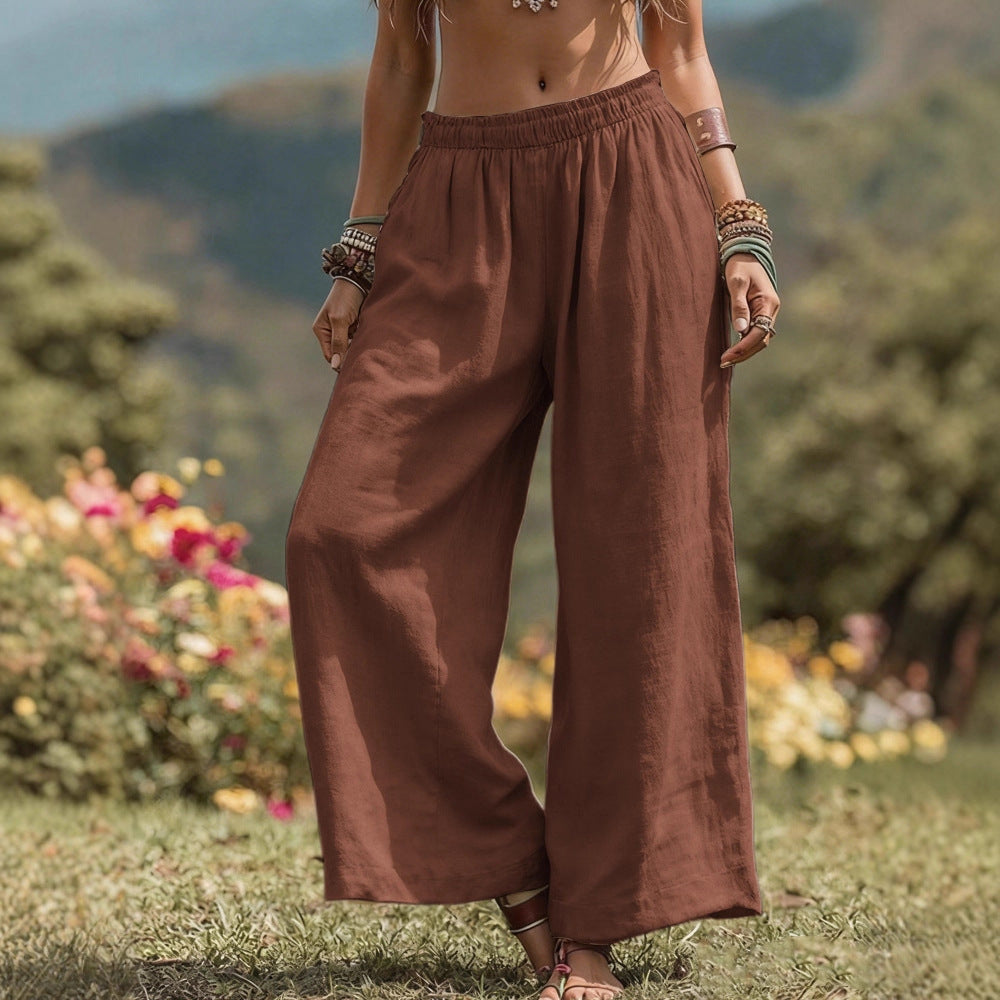 Loose Side Pocket Elastic Waist Cotton Linen Wide Leg Pants for WomenCasual Fashion Bottoms