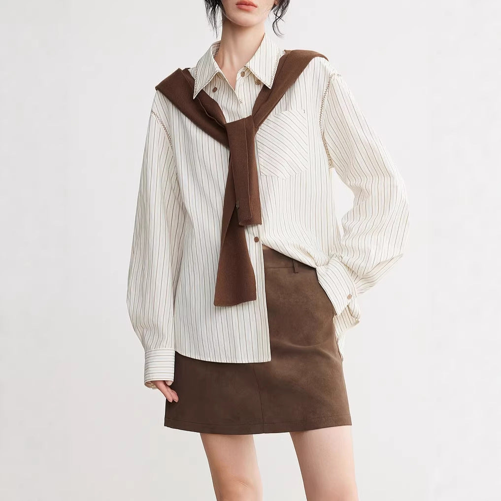 Stripe Splicing Long Sleeve Shirt Women Office Casual Blouse