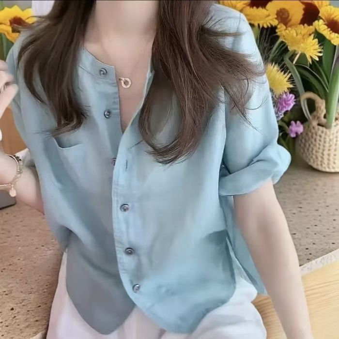 Elegant Solid Color Shirt Women Summer Loose Fit Flattering Slimming Casual Simple  Mid-Sleeve Blouse Women