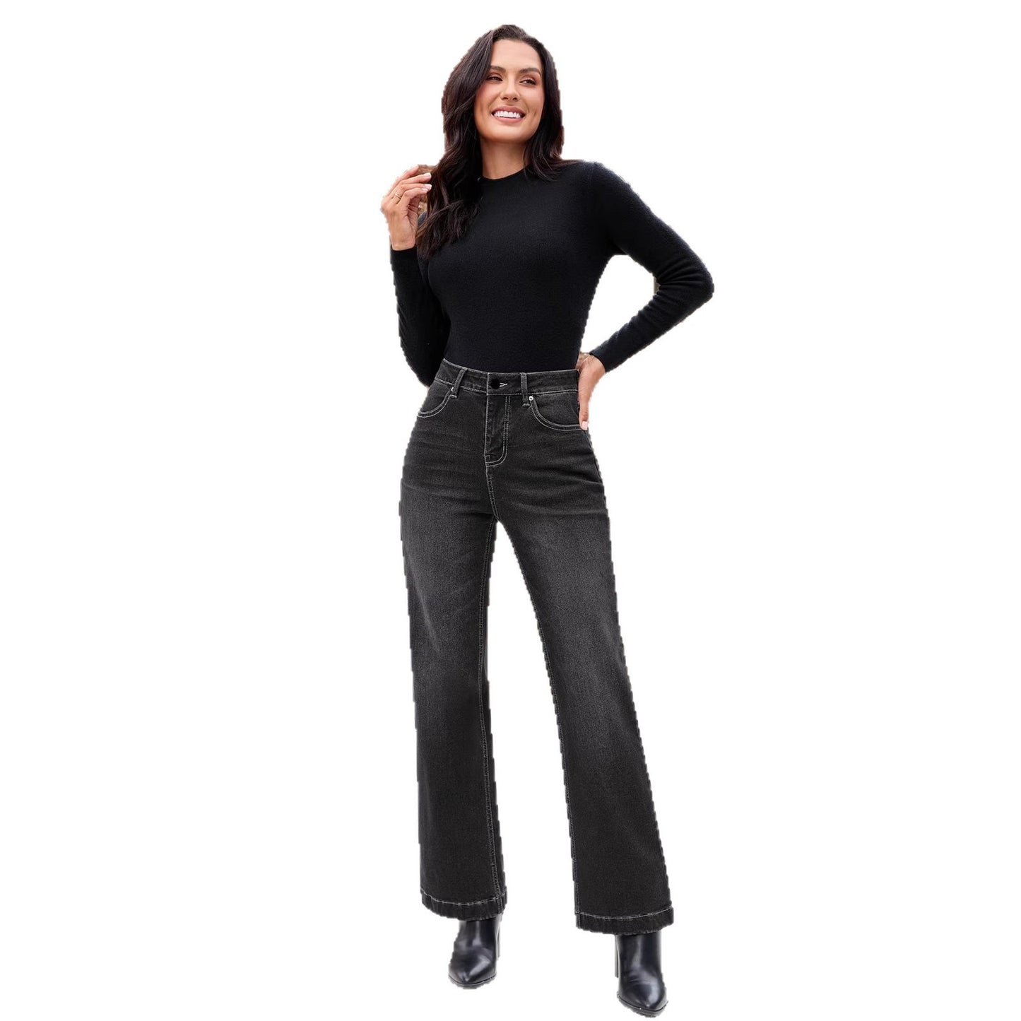 Women's Jeans, Black Gray Fashion Simple Slim Straight Leg Denim Pants for Women