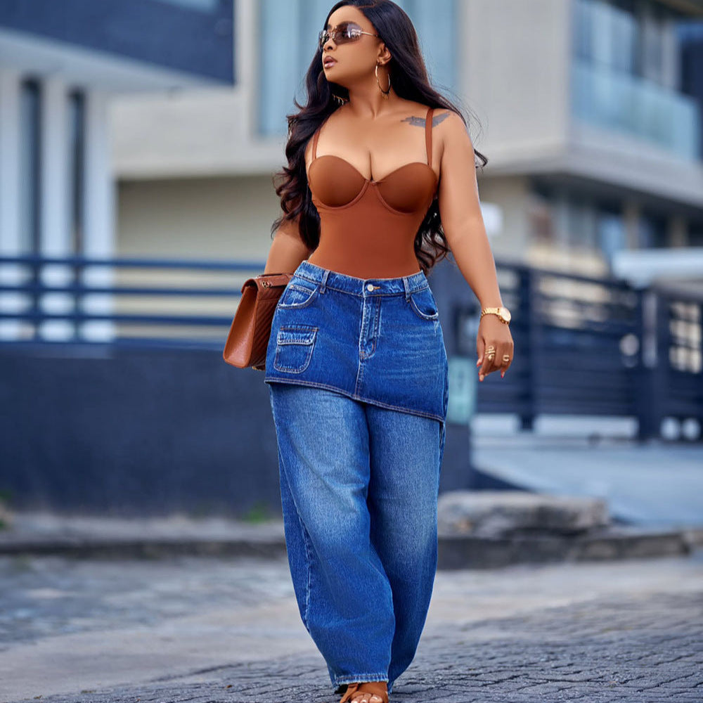 Straight Leg Denim Pants for Women Washed Elastic Waist, Streetwear Denim Skirt Pants