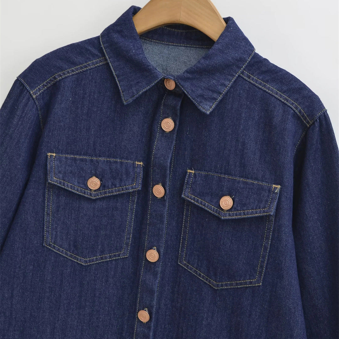 Style Retro Turn-Down Collar Single-Breasted Denim Long Sleeve Shirt Women's Design Sense Curved Hem Loose Casual Top