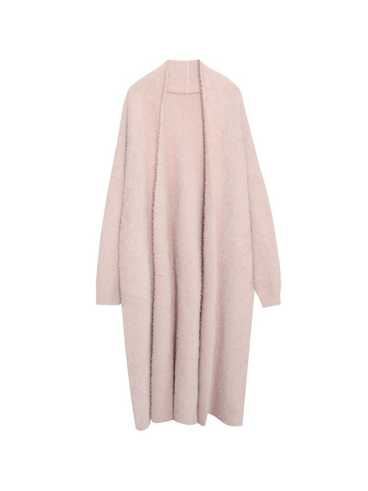 Knee length faux mink fur cardigan sweater loose knit jacket outerwear