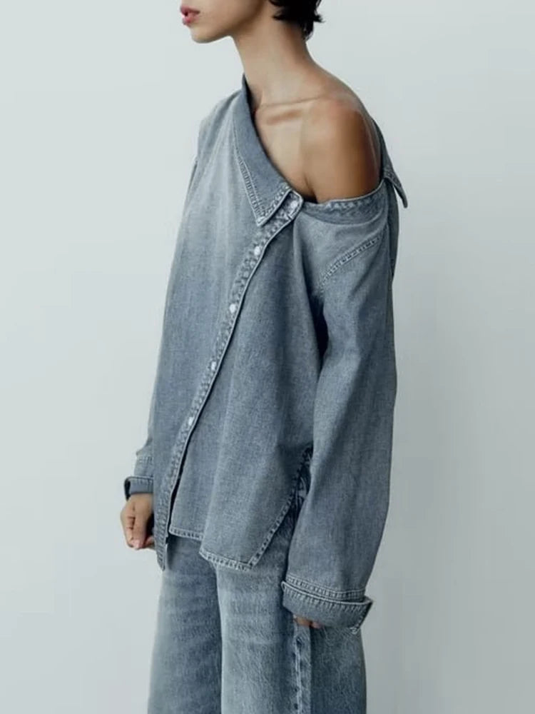 Solid Casual Denim Blouses For Women Diagonal Collar Long Sleeve Patchwork Single Breasted Irregular Shirts Female Fashion