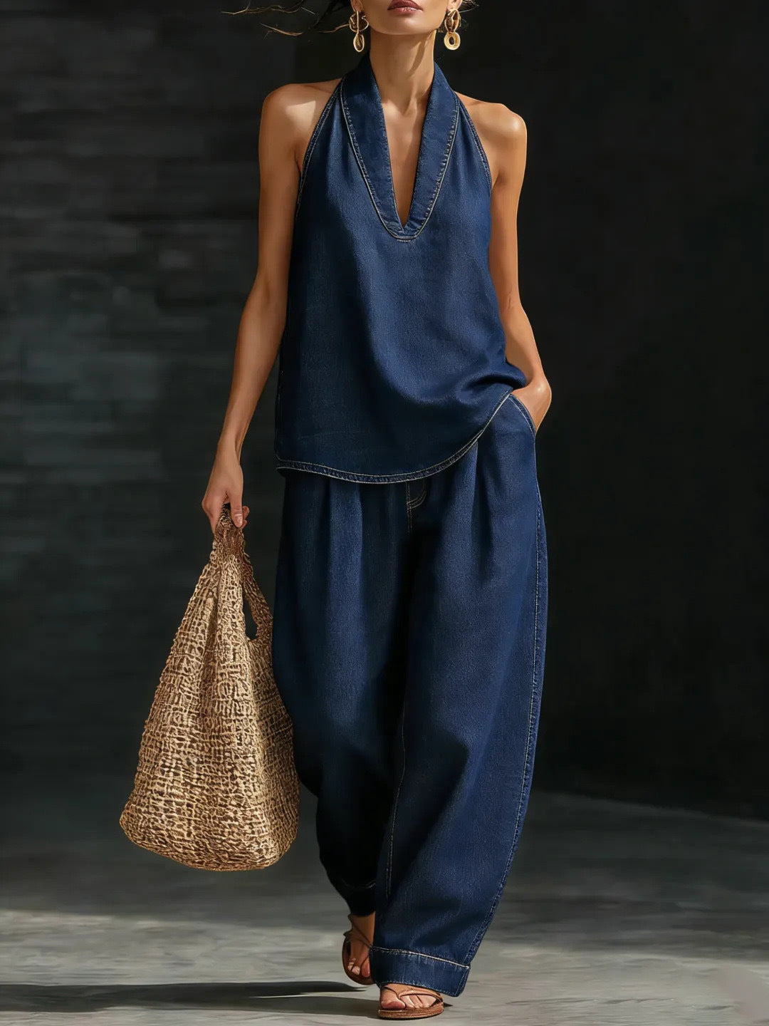 Neck top wide leg pants set