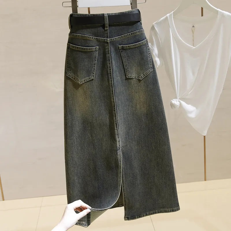 Mid-length denim skirt for women, high waist, retro loose slimming split A-line fitted skirt