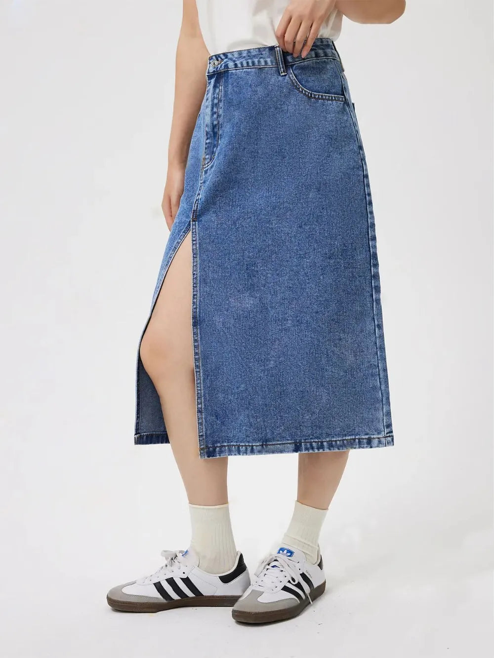 High waisted hip hugging split denim skirt