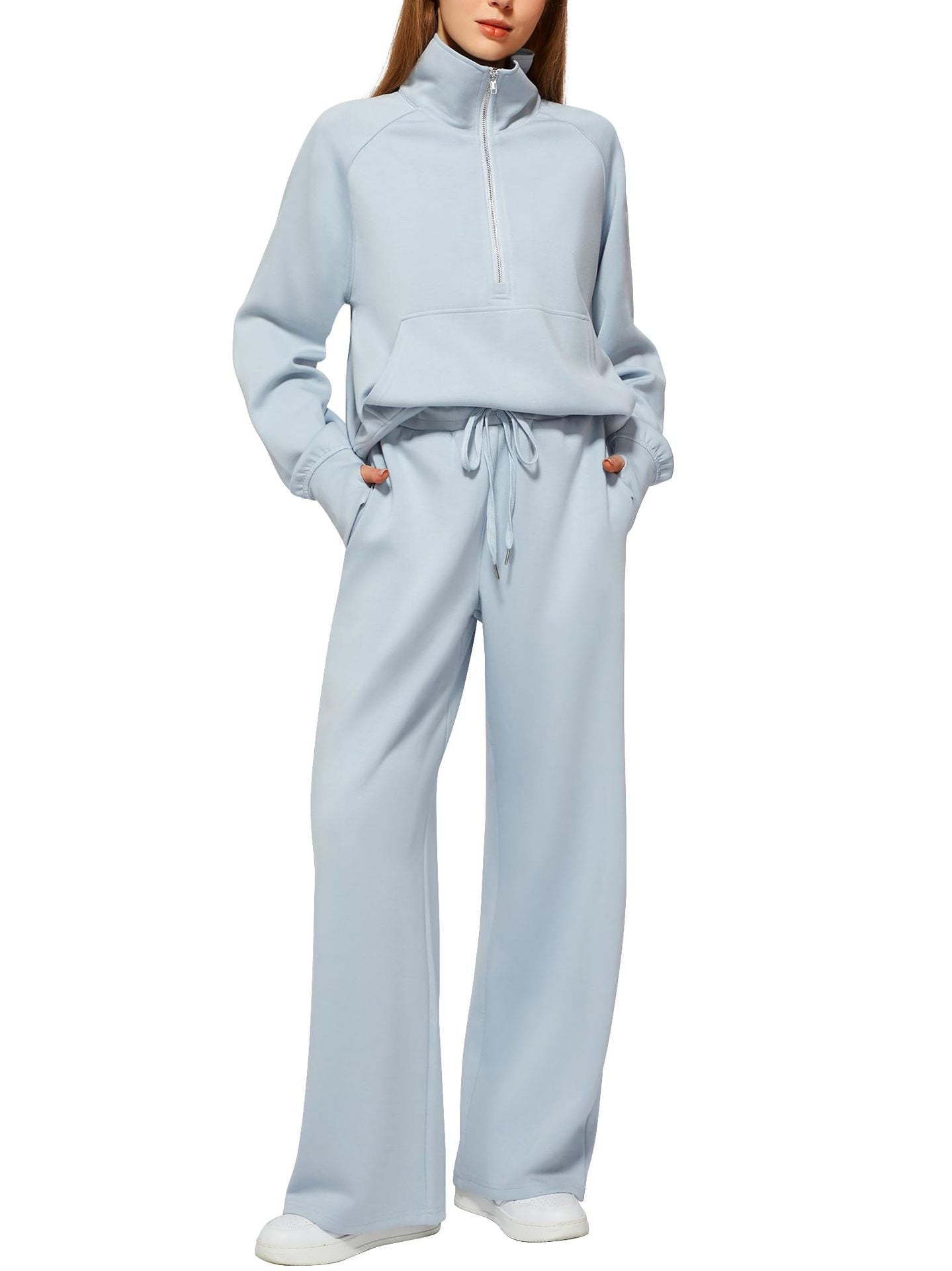 Women's Two-Piece Set with Oversized Half-Zip Hoodie and Wide-Leg Sweatpants Casual Outfit